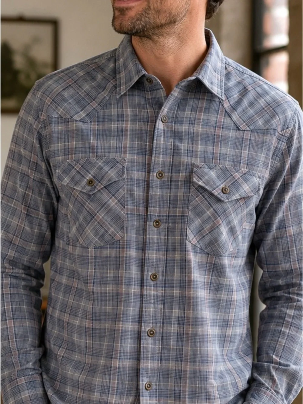 Wrangler Men’s L Plaid Flannel Shirt Western Snap Pockets Blue Gray